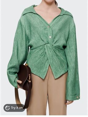 Nanushka idris Green Twisted Crinkle Button-Down Blouse